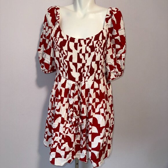 Geisha Designs Anthropologie Smocked Geo Mini Dress Red White Womens Size 1X - Picture 2 of 7
